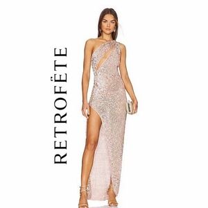 Retrofete | Dresses | Retrofete Thalia Pleated Metallic Halter Side Slit  Drop Waist Maxi Dress | Poshmark